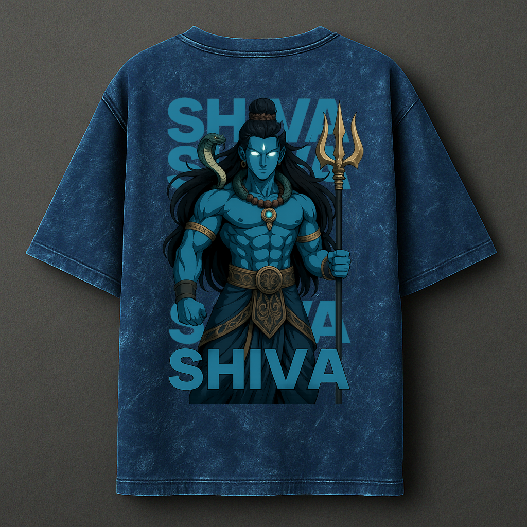 Mahadev Shiva Oversized T-Shirt | Acid Wash Blue | Shiv Ji Tee for Men