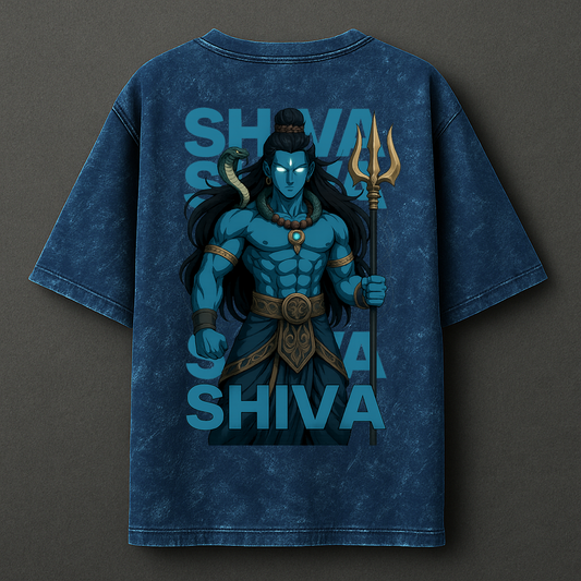 Mahadev Shiva Oversized T-Shirt | Acid Wash Blue | Shiv Ji Tee for Men